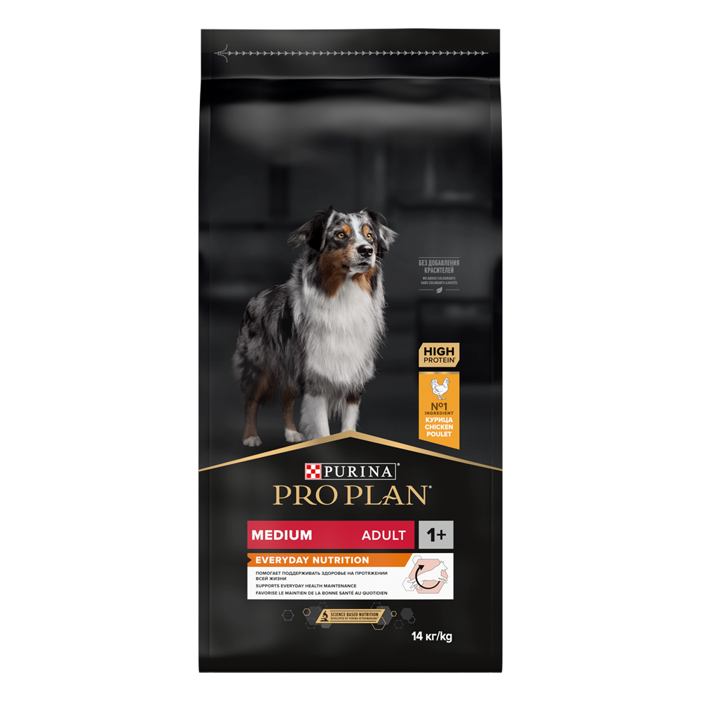 En 14 kg påse med Purina Pro Plan Medium Adult Everyday Nutrition hundfoder med en hundbild på framsidan.