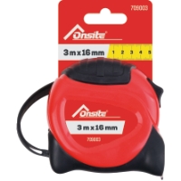 Rött och svart måttband 3m x 16mm i förpackning med varumärke och gul linjalgrafik.