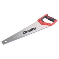 Handsåg med rött och svart handtag och Onsite skrivet på det silverfärgade bladet.