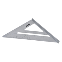 Triangulär metallinjal i silver med måttangivelser och upphöjd kant.