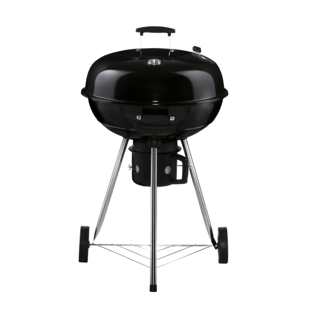 KOLGRILL BASIC 57 träkolsgrill med lock, hjul och metallben på vit bakgrund.