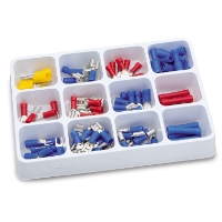 Kabelskor 100del bricka med diverse elektriska kabelskor i rött, blått och gult.