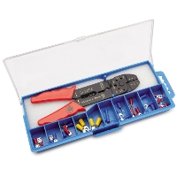 Kabelskosats Etc: Pressverktygssats med kontaktdon i blått fodral med genomskinligt lock.