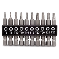 BITSSATS 10DEL TORX ETC: Sats med 10 st Torx-bitar (T6-T25) i svart hållare.