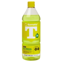 En 1L flaska TÄNDGELE T-GUL BIOGEL från Kemetyl med gul etikett och genomskinligt lock.
