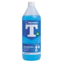 En 1L blå flaska T-BLÅ SPOLARVÄTSKA KONC vindrutespolarvätska med vitt lock.