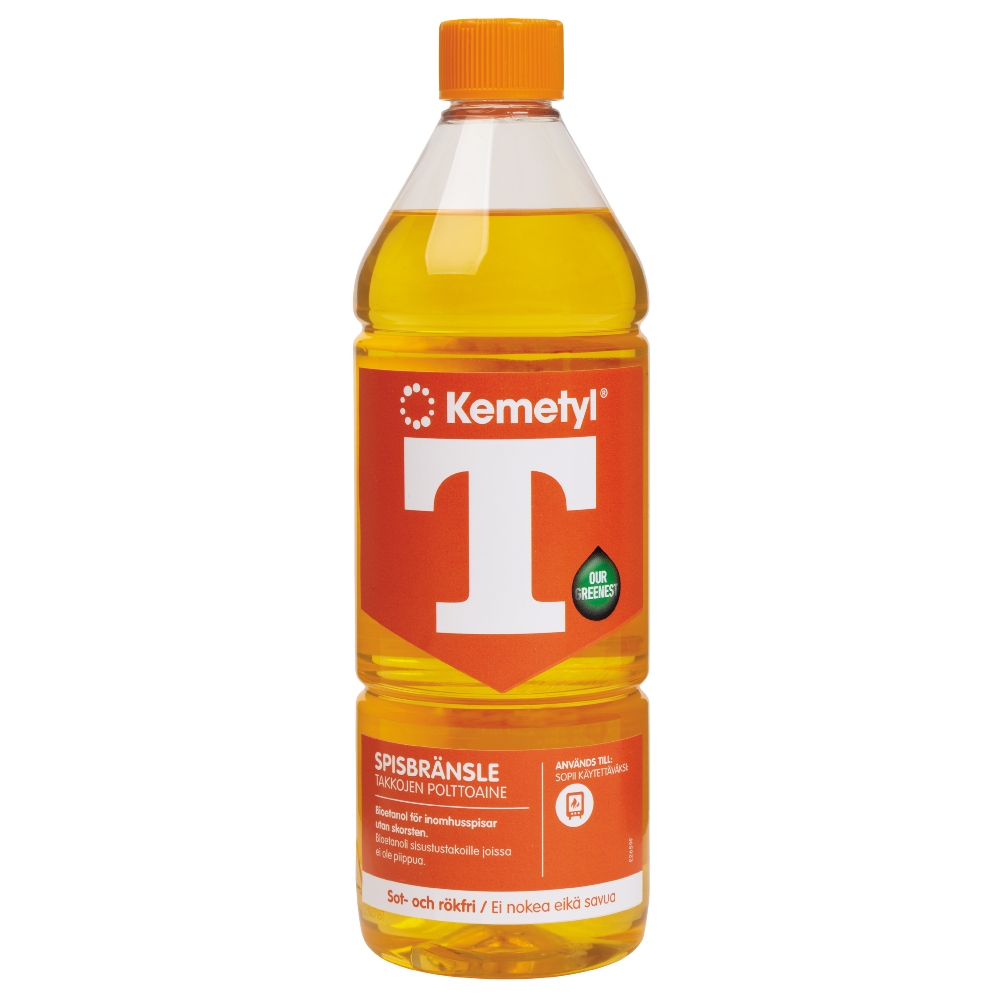 En 1L flaska SPISBRÄNSLE KARNEVAL KEMETYL kaminbränsle med orange etikett och lock.