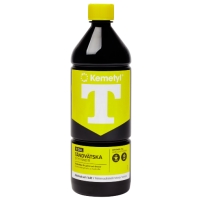 En svart flaska med gul kapsyl och etikett märkt TÄNDVÄTSKA T-GUL 1L.