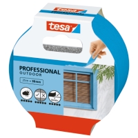 Blå och vit förpackning för MASK TEJP OUTDOOR 25MX38MM PROF, med fönster och tejpbild.