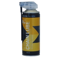 En burk med kedjesmörjmedel med gul och svart etikett och ett munstycke för spray.