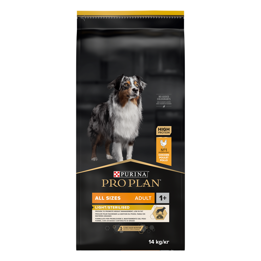 En 14 kg påse Purina Pro Plan All Sizes Adult Light/Sterilised hundfoder.