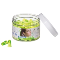 Öppen burk med gröna och gula öronproppar med locket lutat åt sidan.