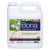 A 4L LINOLJESÅPA FÖR TRÄDÄCK för trä utomhus, med blommor och däckbild på etiketten.