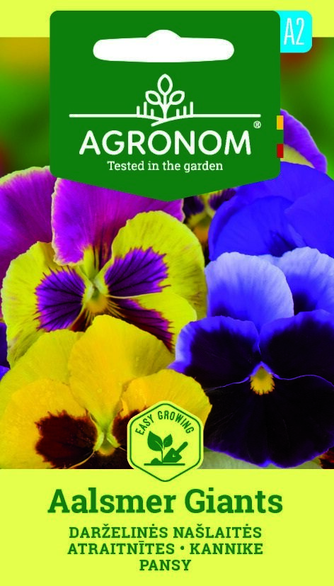 Fröpaket märkt "Pansy, Aalsmer Giants" med färgglada bilder på penséblommor.