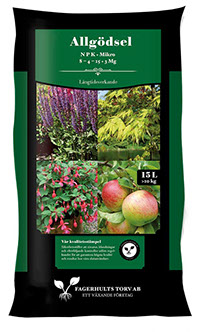 Allgödsel KRAV 6-3-12 15l väska med blommor, bladverk och äpplen avbildade på framsidan.