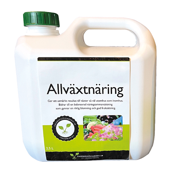 Vit Allväxtnäring 2,5L behållare med grönt lock och växtbilder på etiketten.