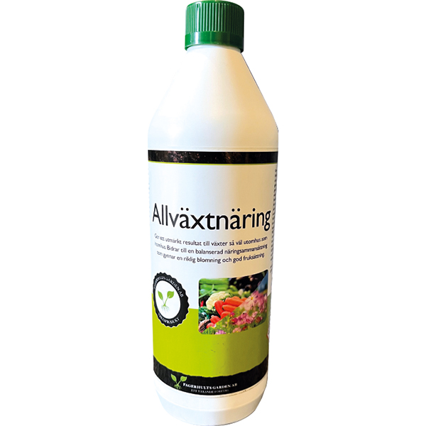 Vit 1L flaska med Allväxtnäring växtgödsel med grönt lock och färgglada bilder.