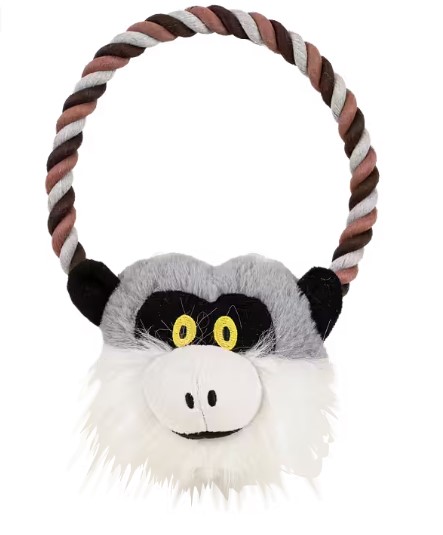 Apansson plysch hundleksak med apaansikte, rephandtag, stora gula ögon och vit päls.