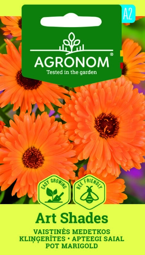 Ljusorange ringblomma, Art Shades-blommor med grön etikett på Agronom-fröpaketet på toppen.