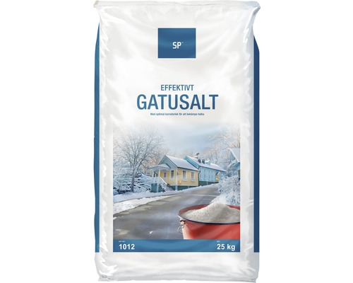 Gatusalt SP 25 kg påse med en bild av ett snöigt grannskap på förpackningen.