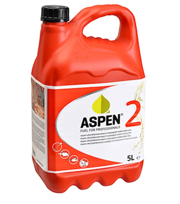 Aspen 2T 5L: Röd behållare, svart lock, vit etikett - bränsle för proffs.