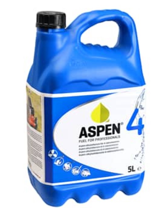 Aspen 4 5L bränsle i en blå behållare med handtag och svart lock.