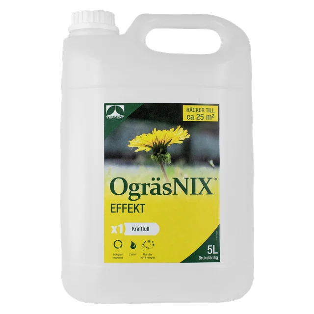OgräsNIX Effekt 12% 5 L ogräsmedel med en gul maskros på etiketten.