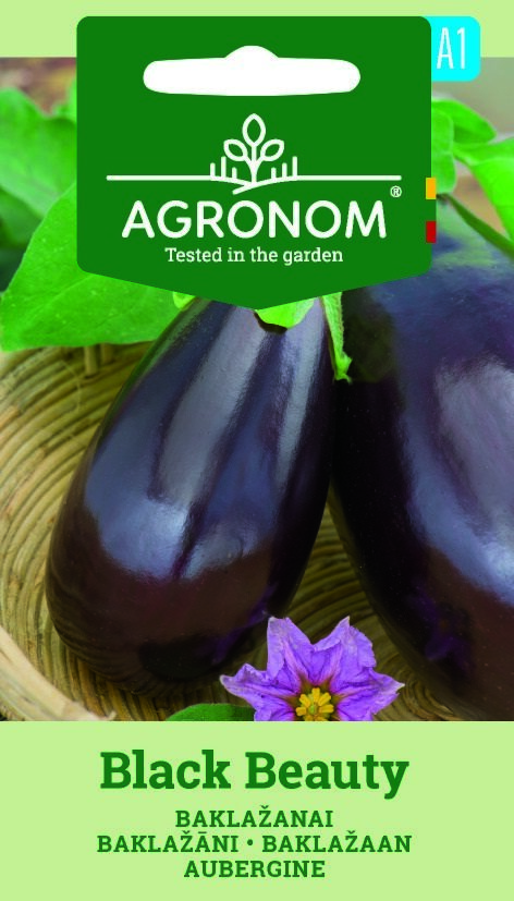 Två glänsande lila äggplantor och en lila blomma, märkta Aubergine, Black Beauty frön.