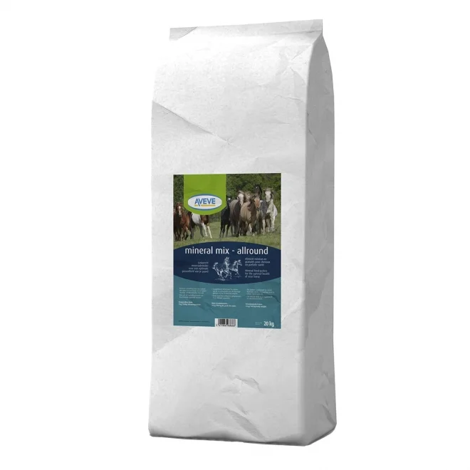 Vit 20 kg Aveve Mineral Mix-påse för djur, med hästar och kor på etiketten.