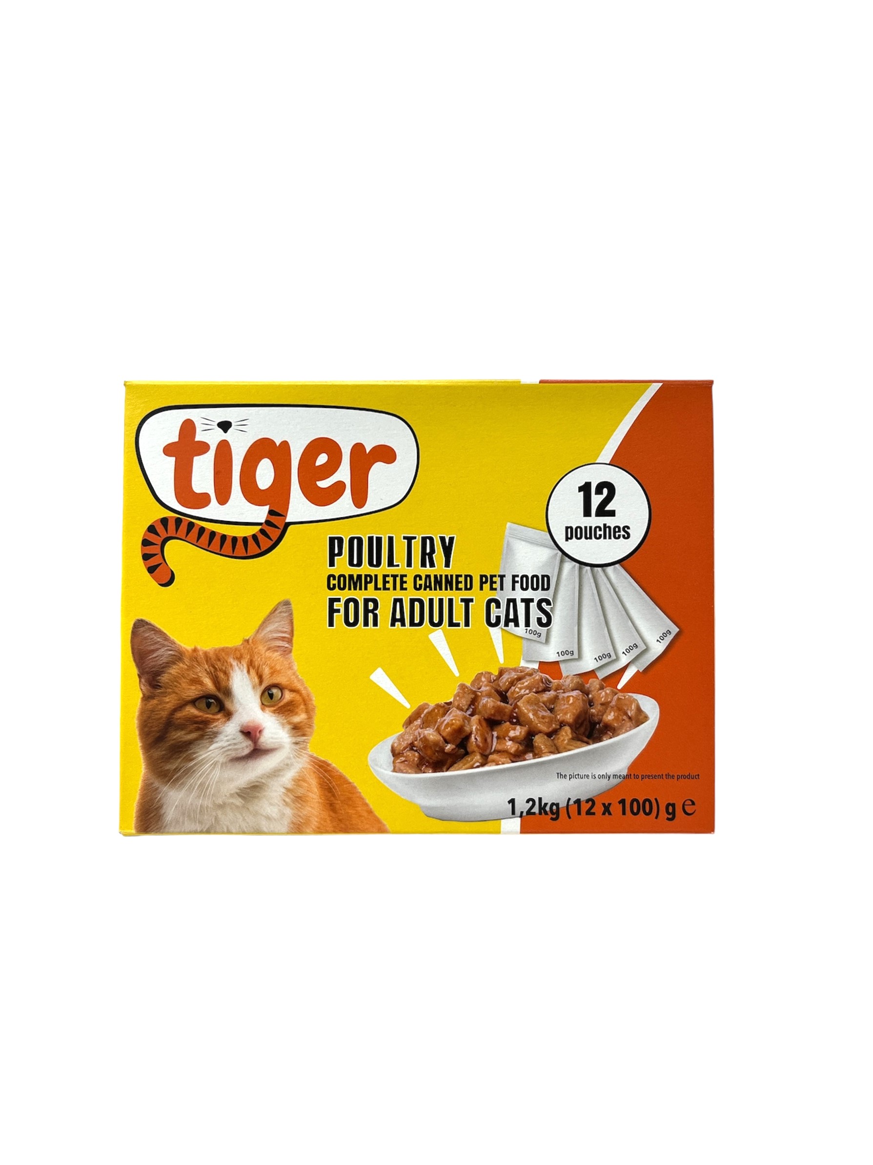 Tiger Kattmat Kyckling 12x100g låda med orange katt, skål och 12 påsar visas.