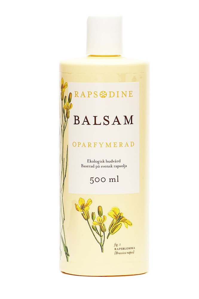 En gul 500 ml flaska Balsam Oparfymerad med illustrationer av gula blommor.
