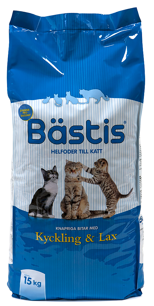 Blå påse med Bästis kattmat med bilder av tre katter och text på svenska.