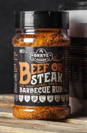 Beef or Steak BBQ Rub 180g burk på en träyta.