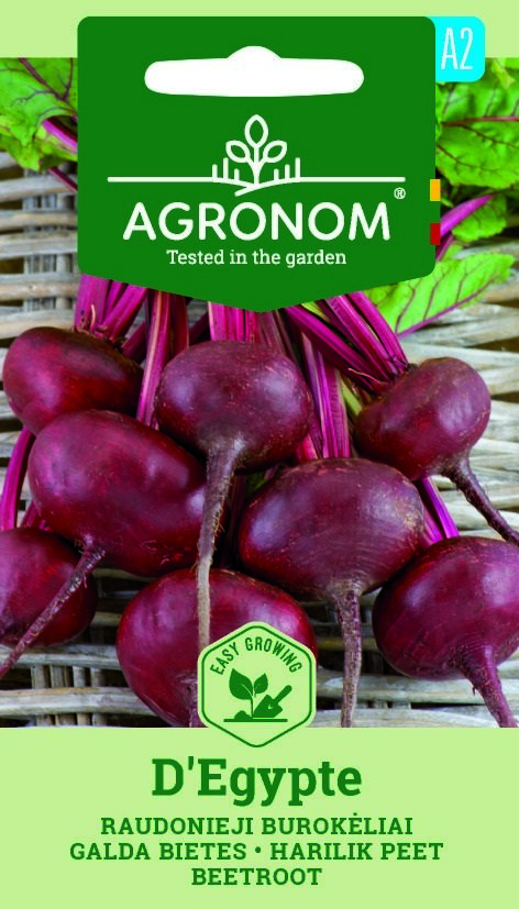 Rödbeta, Dégypte: färska röda rödbetor med gröna blad, etikett på fröförpackning.