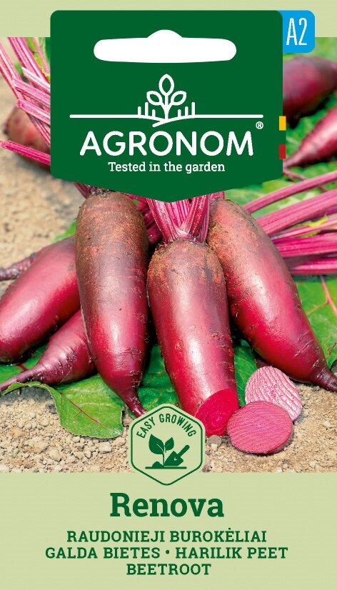 Förpackningar med rödbetor, Renova-frön med bilder av hela och skivade rödbetor på blad.