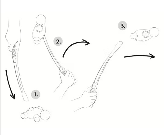 Steg-för-steg-ritning av händer som svingar en hammare, visad med pilar som indikerar rörelsen.