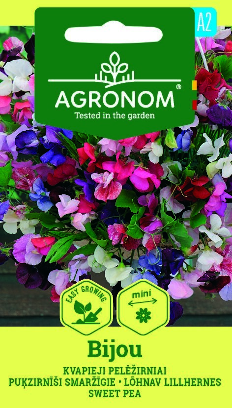 Sweet Pea, Bijou Mix-frön med en färgstark blandning och en Agronom-fröpaketetikett.