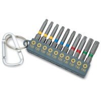 BITSSATS 50MM X-FORMAD SNABB: Sats med 9 Torx-bitar med färgband, nyckelring och karbinhake.
