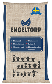 Engeltorp blomjord 50L väska har växtsilhuetter och en logotyp med svenska flaggan.