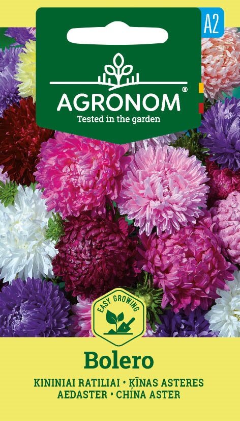 En fröförpackning av China Aster, Bolero Mix med en färgstark blandning av blommande blommor.