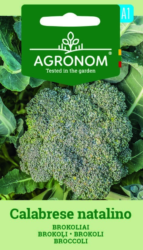 Ett paket med Broccoli, Calabrese Natalino-frön med en bild av broccoli och grönt varumärke.