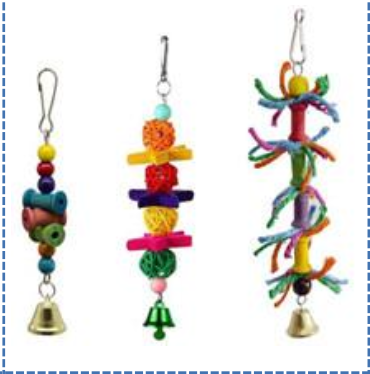 10-pack med papegojleksaker i form av stege, spegel och klocka i livfulla färger för din fågelbur.