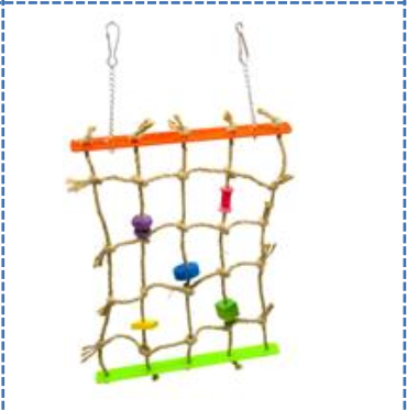 Acylic klätternätleksak för papegojor med färgglada pärlor och trästavar på över- och undersidan.
