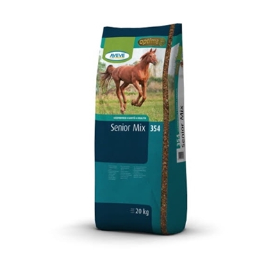 En 20 kg påse Aveve Optima+ Senior Mix 354 hästfoder med en hästbild på.