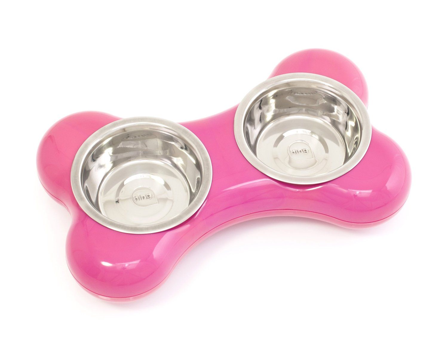 Pink Dog Bone Bowl Small med två skålar i rostfritt stål för husdjur.
