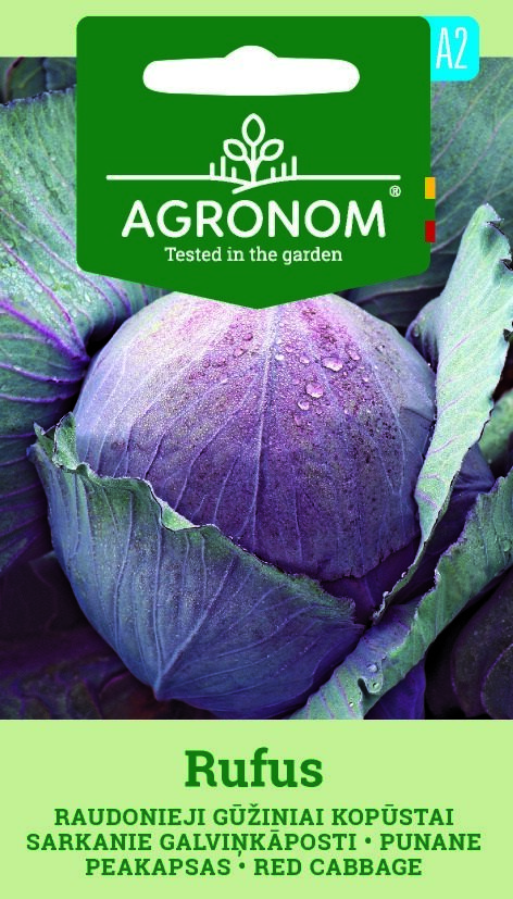 Cabbage Red, Rufus visas med daggdroppar på ett fröpaket märkt AGRONOM.