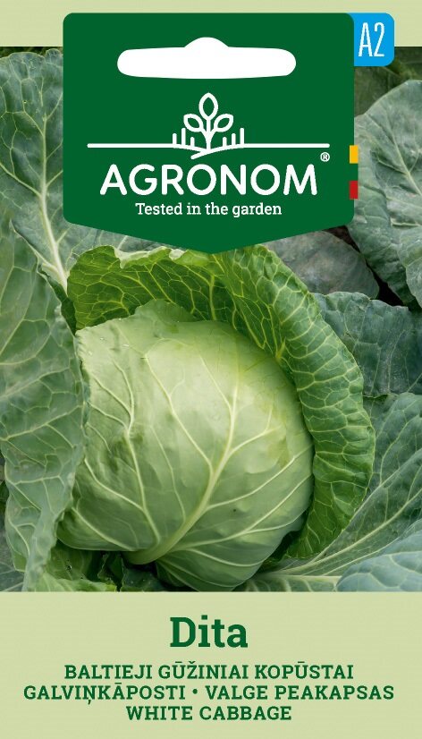 Förpackning med Cabbage White, Ditt frön med en bild av ett helt kålhuvud.