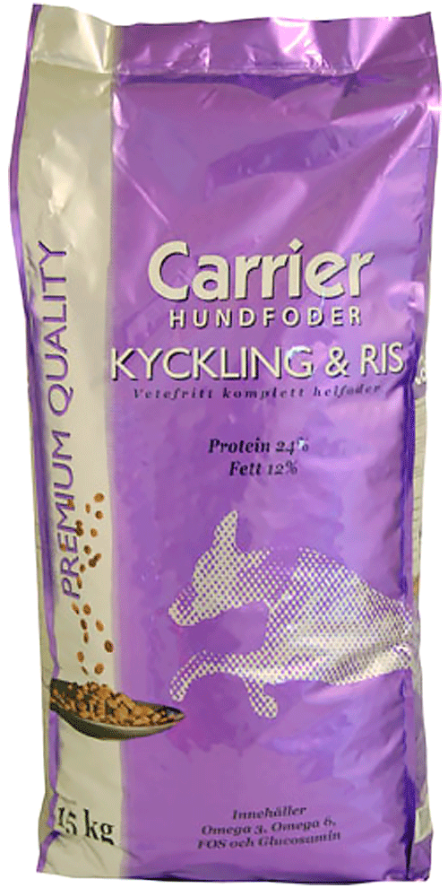 En lila och beige påse med Carrier hundmat med kyckling och ris, 15 kg.