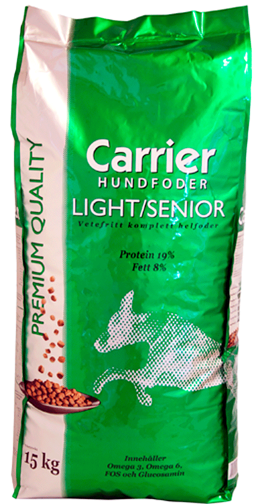 Grön påse med Carrier Light/Senior hundfoder, 15 kg, med vit hundsilhuett.