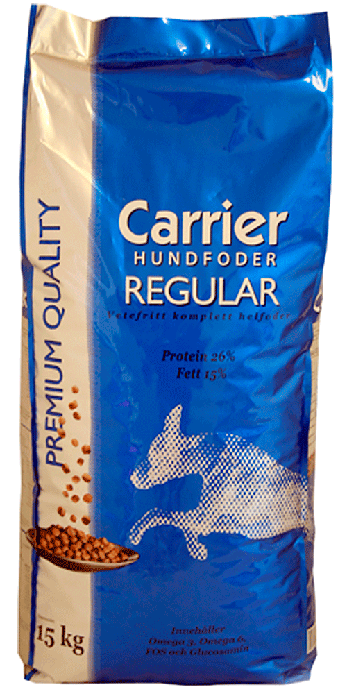 Blå påse med Carrier Regular hundfoder, 15 kg, med hundgrafik och foderpellets.
